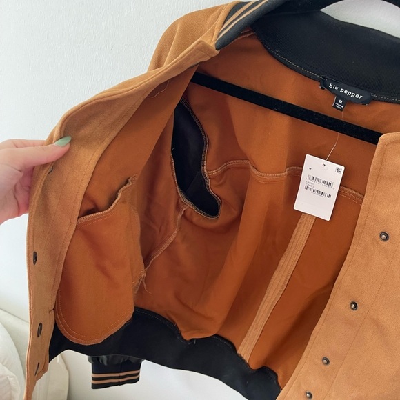 Blu Pepper Tan Suede and Black Leather Women's Varsity Jacket - Picture 6 of 8